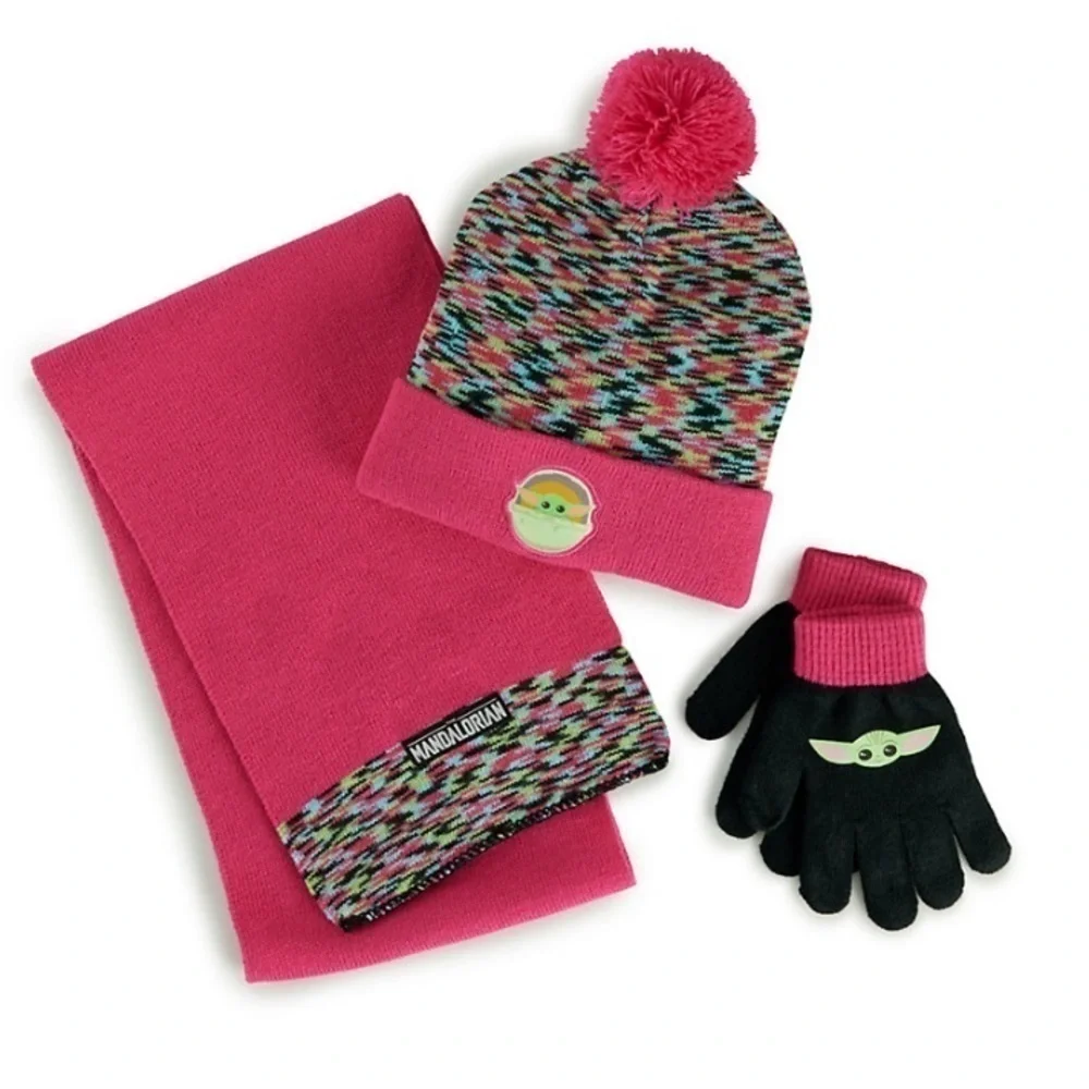 Star Wars Set New Girls The Mandalorian Grogu Baby‎ Yoda Hat Scarf Mittens Pink